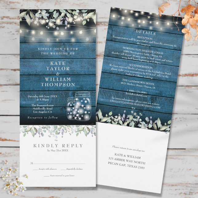 Blue Rustic Foliage Mason Jars All In One Wedding Invitation (Creator Uploaded)