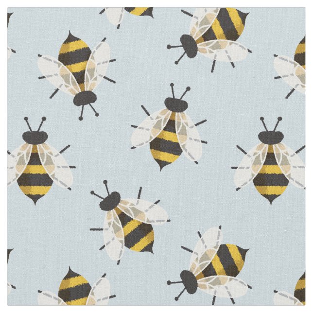 Blue Rustic Illustrated Bee Fabric (Close Up)