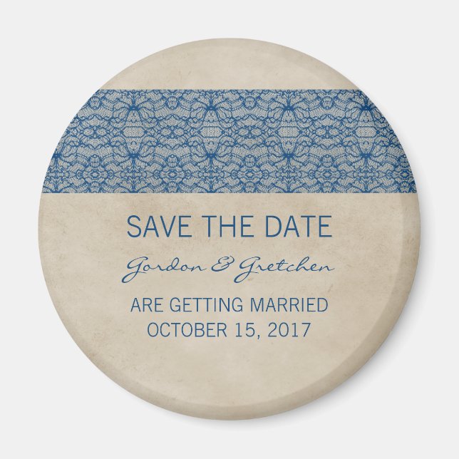 Blue Rustic Lace Save the Date Magnet (Front)