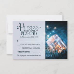 blue rustic lights mason jar wedding RSVP Card