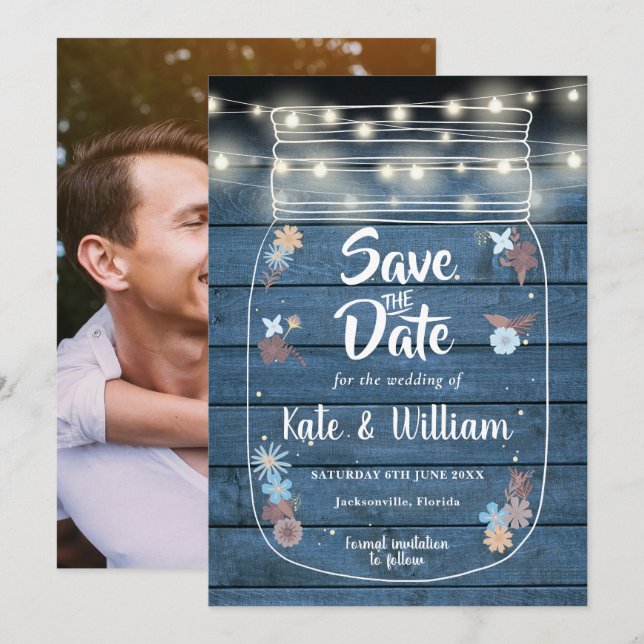 Blue Rustic Mason Jar String Lights Floral Photo Save The Date (Front/Back)