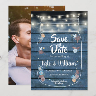 Blue Rustic Mason Jar String Lights Floral Photo Save The Date
