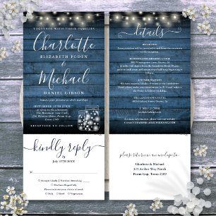 Blue Rustic Mason Jars Lights All In One Wedding Invitation