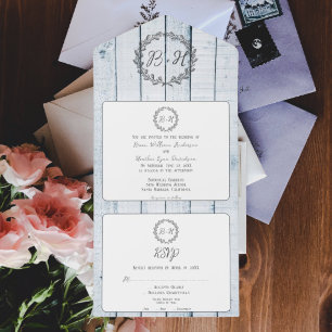 Blue Rustic Monogram Wedding All In One Invitation