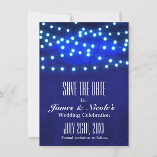 Blue Rustic Night String Lights Save The Date Card
