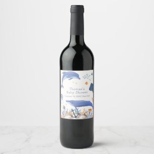 Blue Rustic Ocean Dolphin Whale Boy Baby Shower Wine Label