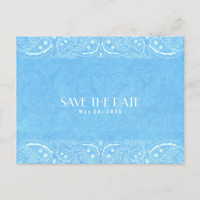 Blue Rustic Paisley Country Western Save The Date Announcement Postcard (Front)