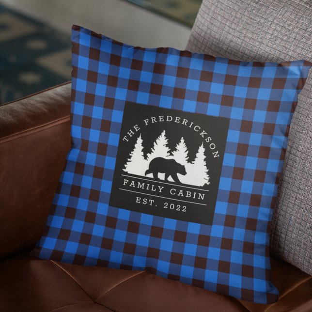 Blue Rustic Plaid Bear Woods Family Cabin Cushion (Creator Uploaded)