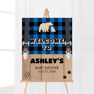Blue Rustic Plaid Lumberjack Baby Shower Welcome Poster