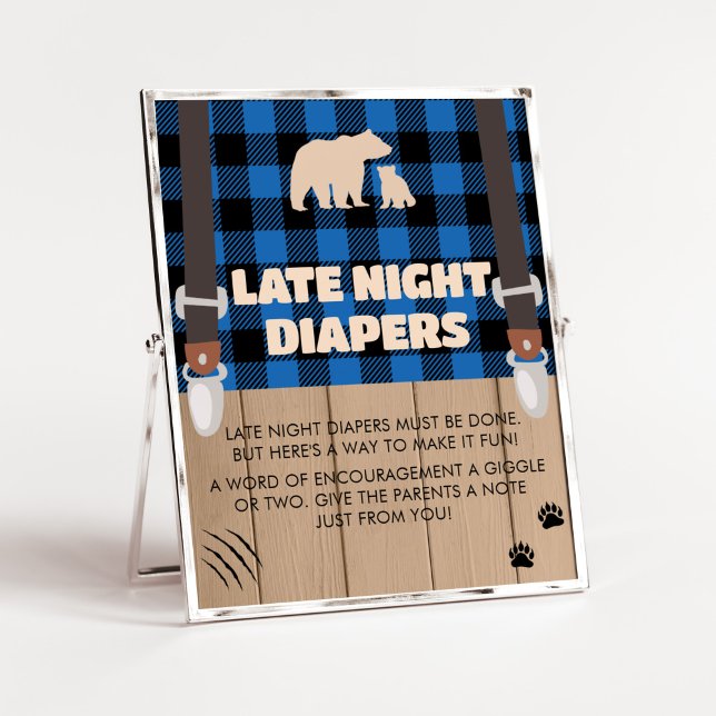 Blue Rustic Plaid Lumberjack Late Night Diapers Poster (Plaid Lumberjack Baby Shower Late Night Diapers Sign)
