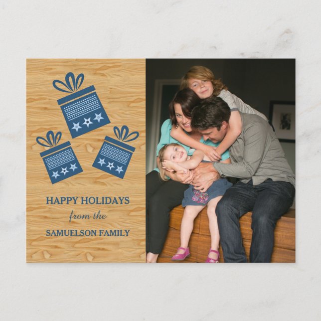 Blue Rustic Presents Holiday Photo Postcard (Front)