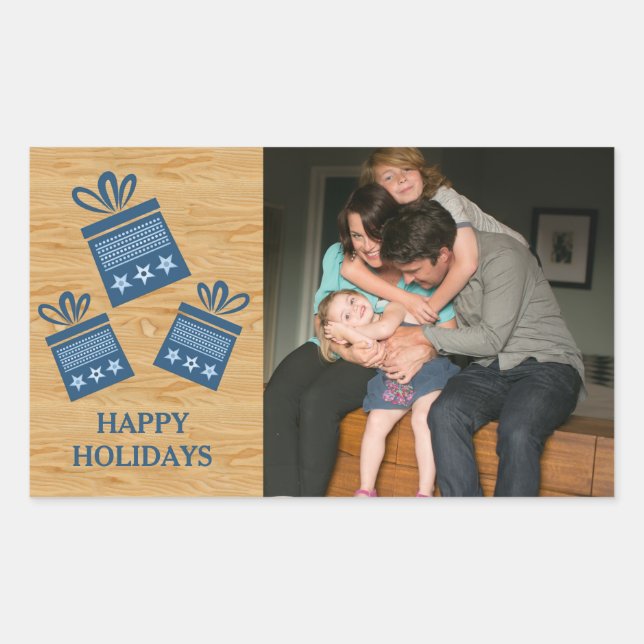 Blue Rustic Presents Holiday Photo Stickers (Front)