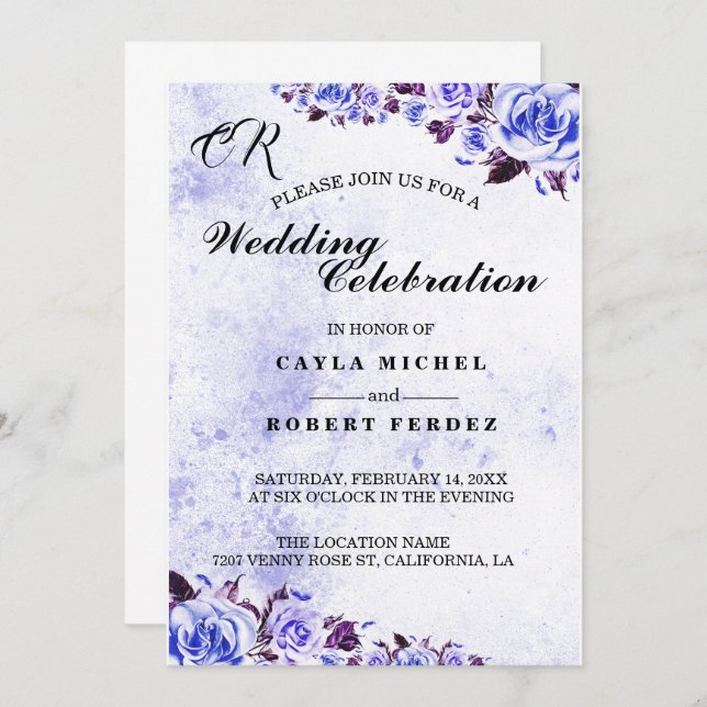Blue Rustic Purple Rose Wedding Invitation (Front/Back)