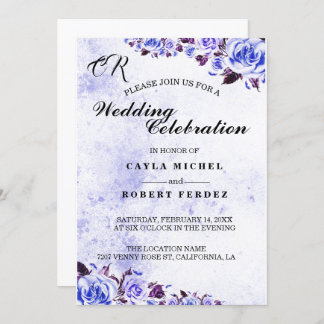 Blue Rustic Purple Rose Wedding Invitation
