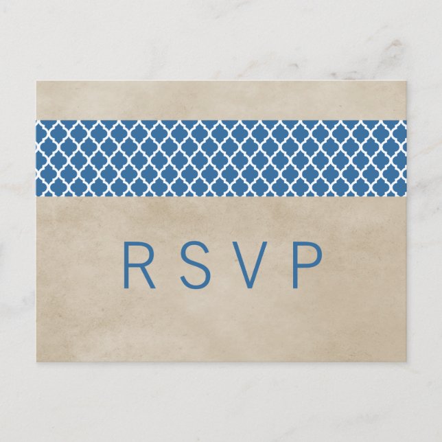 Blue Rustic Quatrefoil RSVP Postcard (Front)