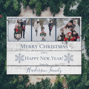 Blue Rustic Snowflakes Flat Holiday Photo Card