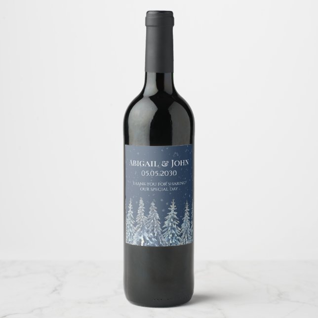 Blue Rustic Snowy Night Forest Wedding Wine Label (Front)