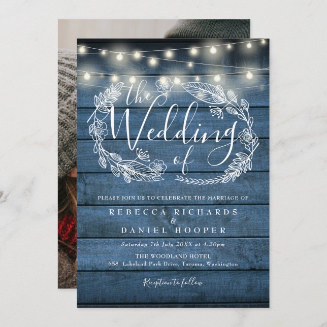 Blue Rustic String Lights Floral Photo Wedding Invitation (Front/Back)