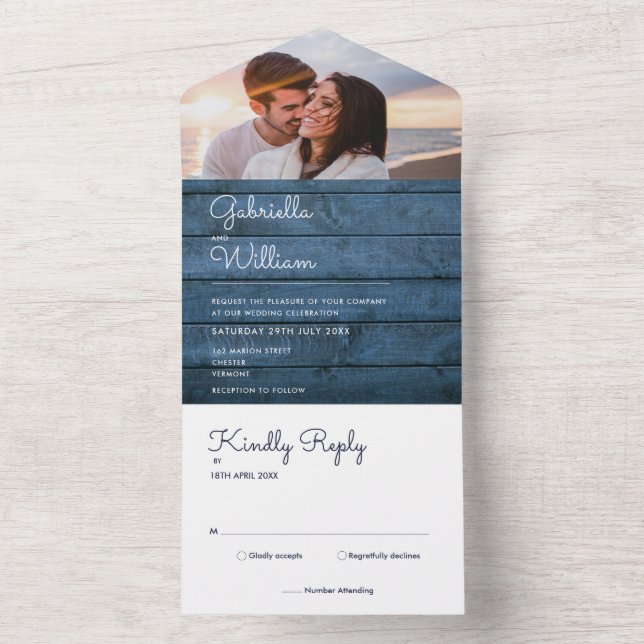 Blue Rustic String Lights Monogram Photo Wedding All In One Invitation (Inside)