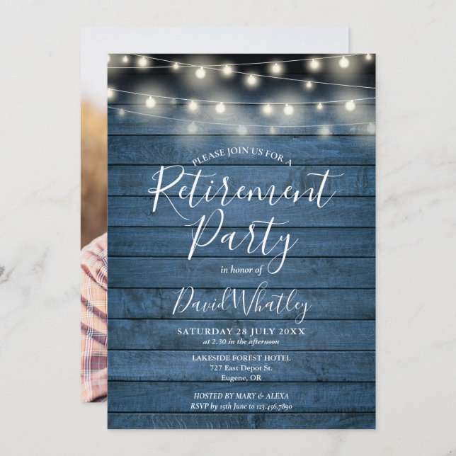 Blue Rustic String Lights Photo Retirement Party Invitation (Front/Back)