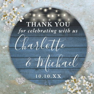 Blue Rustic String Lights Wedding Favour Thank You Classic Round Sticker