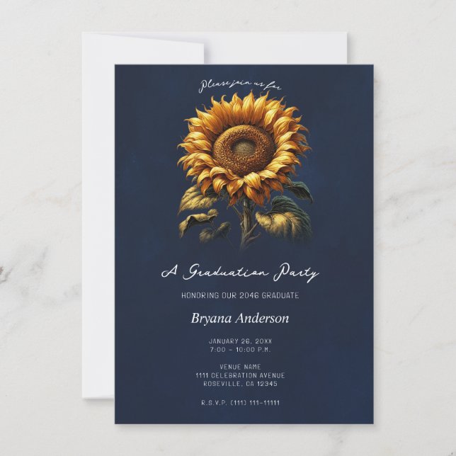 Blue Rustic Sunflower Graduation Party Invitation (Front)