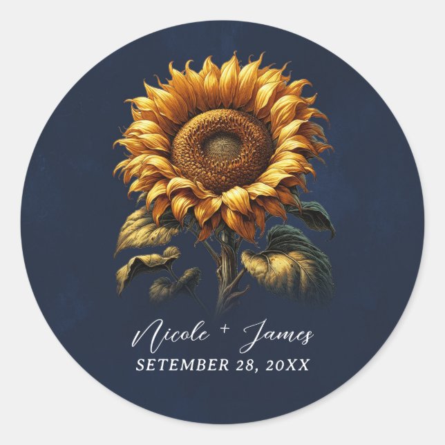 Blue Rustic Sunflower Wedding Bridal Shower  Classic Round Sticker (Front)