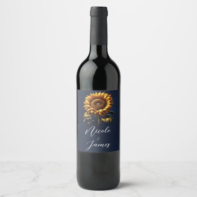 Blue Rustic Sunflower Wedding Bridal Shower  Wine Label (Front)