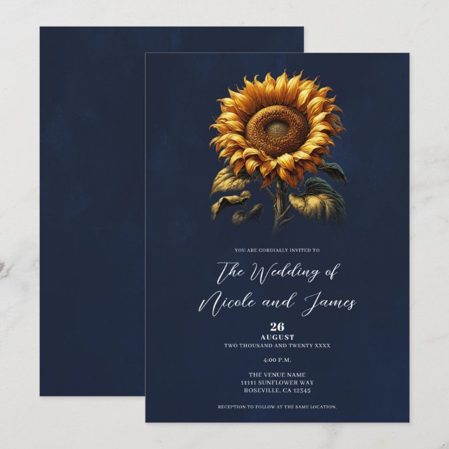 Blue Rustic Sunflower Wedding  Invitation (Front/Back)