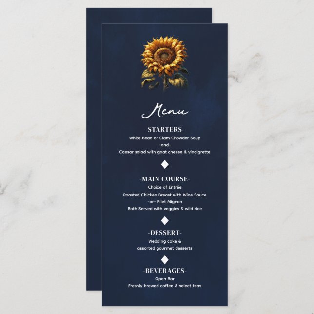 Blue Rustic Sunflower Wedding Menu (Front/Back)