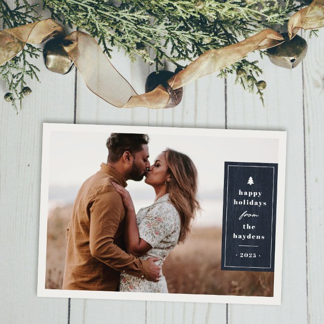 Blue Rustic Tree Woodgrain Christmas Photo Card (Creator Uploaded)