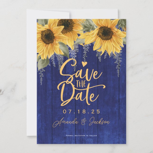 Blue rustic watercolor sunflower wedding save the  date (Front)