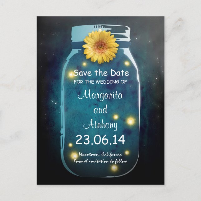 Blue Rustic Whimsical Mason Jar Save the Date Announcement Postcard (Front)