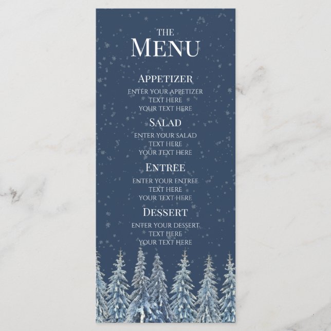 Blue Rustic Winter Forest Wedding Menu (Front)