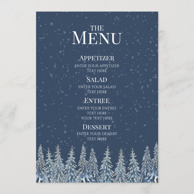 Blue Rustic Winter Forest Wedding Menu (Front)