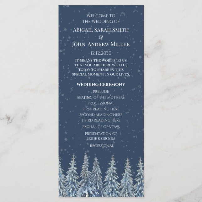 Blue Rustic Winter Forest Wedding Program Programme (Front)