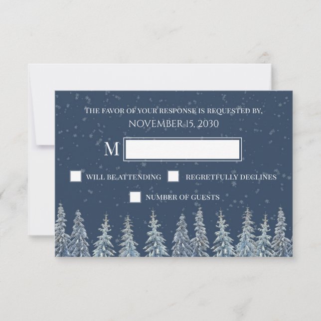 Blue Rustic Winter Forest Wedding RSVP (Front)