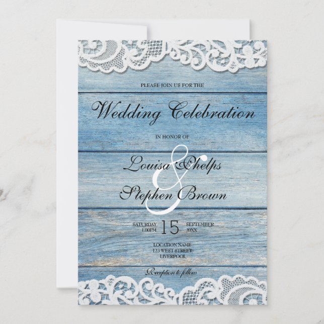 Blue Rustic Wood and Lace Wedding Invitation (Front)
