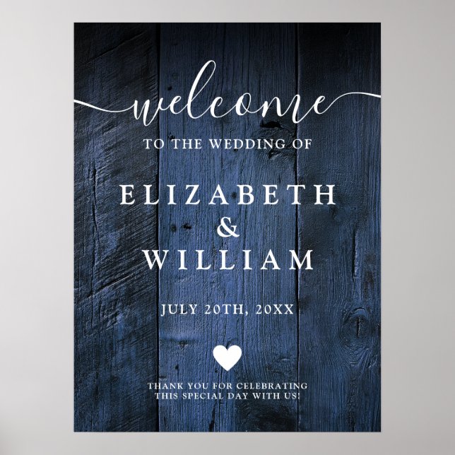 Blue Rustic Wood Barn Wedding Welcome Sign (Front)
