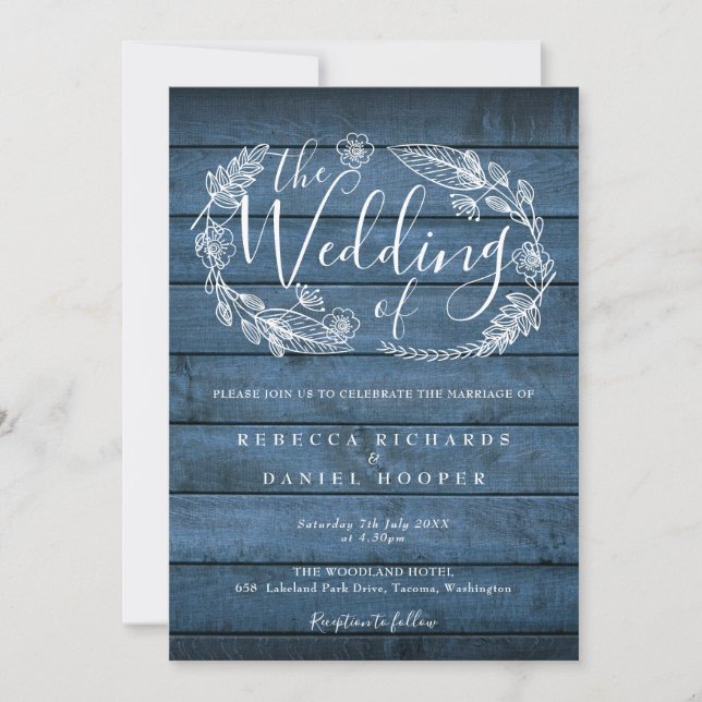 Blue Rustic Wood Country Floral Script Wedding Invitation (Front)