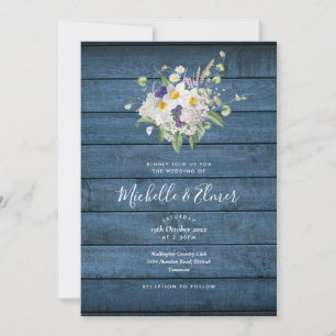 Blue Rustic Wood Country Floral Wedding Invitation