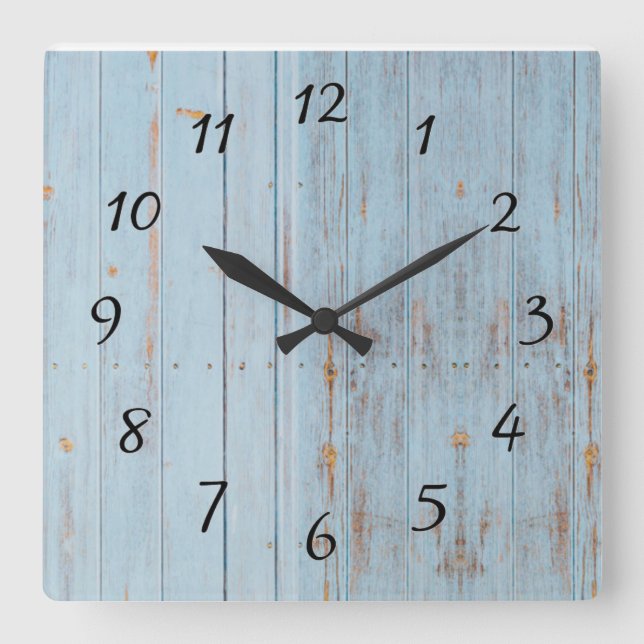 Blue Rustic Wood Farmhouse Vintage Square Wall Clock (Front)