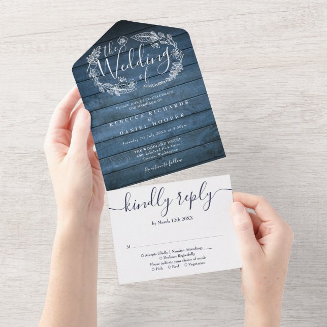 Blue Rustic Wood Floral Garland Monogram Wedding All In One Invitation (Tearaway)