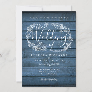 Blue Rustic Wood Floral Garland Script Wedding Invitation