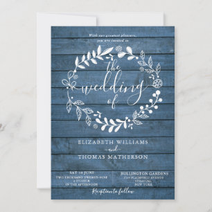 Blue Rustic Wood Floral Garland Wedding Invitation