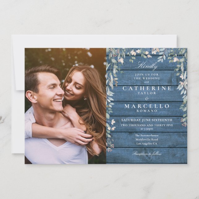 Blue Rustic Wood Floral Wildflowers Photo Wedding Invitation (Front)