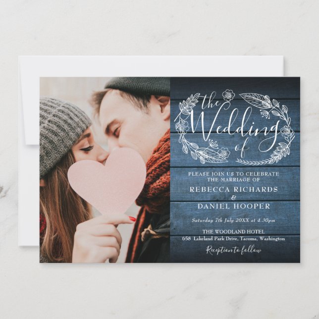 Blue Rustic Wood Foliage Photo All In One Wedding Invitation (Front)