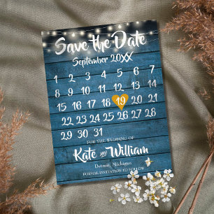 Blue Rustic Wood Gold Heart Calendar Save the Date Announcement Postcard