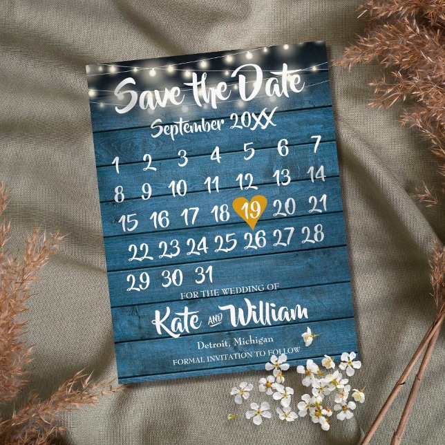Blue Rustic Wood Gold Heart Calendar Save the Date Announcement Postcard (Creator Uploaded)