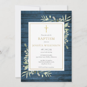 Blue Rustic Wood Greenery Baptism Christening Invitation